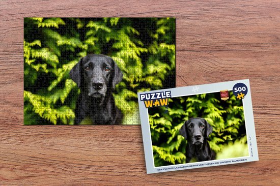 MuchoWow Puzzel Een zwarte Labrador Retriever tussen de groene bladeren - Legpuzzel - Puzzel 500 stukjes