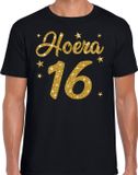 Bellatio Decorations Shoppartners Bv Hoera 16 jaar verjaardag cadeau t-shirt zwart gouden glitter print heren S