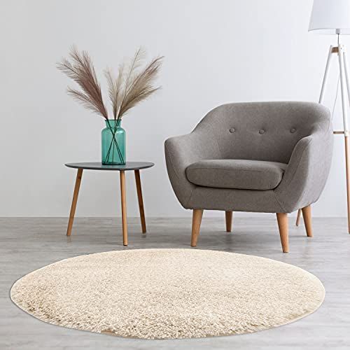 carpet city Hoogpolig tapijt woonkamer - effen crème - 80x80 cm rond - shaggy tapijt hoogpolige Uni - slaapkamer tapijt pluizig zacht - moderne woonkamertapijten