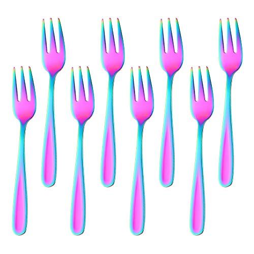 BISDARUN Cake Forks Set - 8-Piece Rainbow Stainless Steel Dessert Forks