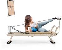 Mewave Pilates Reformer PRO – Inklapbaar & Verstelbaar – Voor Thuis & Studio – Met Telefoonhouder & App met pilates workouts – Beige