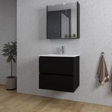 Saniclass Chaci Meuble de salle de bain - 60x46x55cm - lavabo en céramique blanc - 1 vasque ovale - 1 trou de robinet - 2 tiroirs - armoire miroir - noir mat