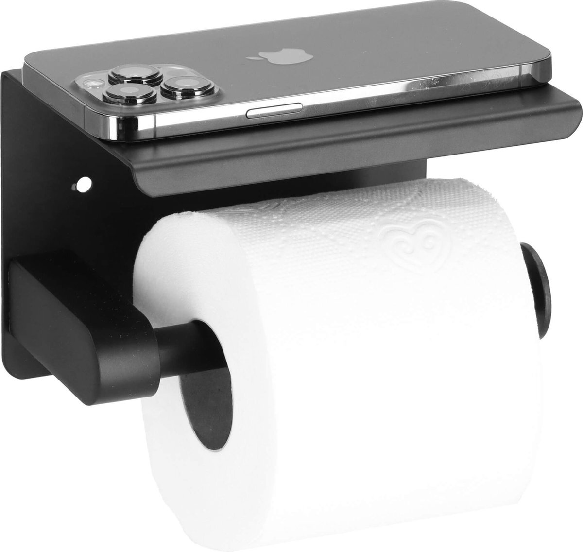 springos WC rolhouder met plankje – Zwart – Zelfklevend – Zonder Boren – Toiletrolhouder RVS
