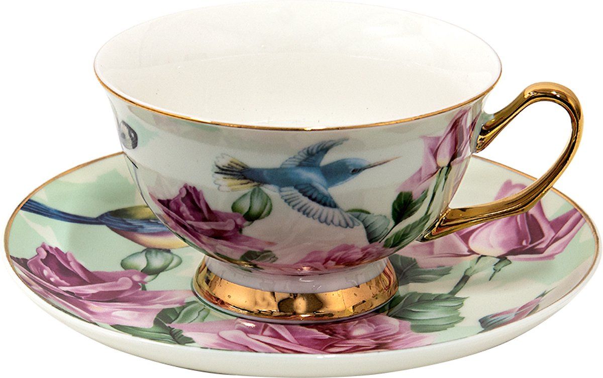 Clayre & Eef Kop en schotel 12*10*6 cm / Ø 15*2 cm / 200 ml Groen Porselein Bloemen Servies Cappuccino