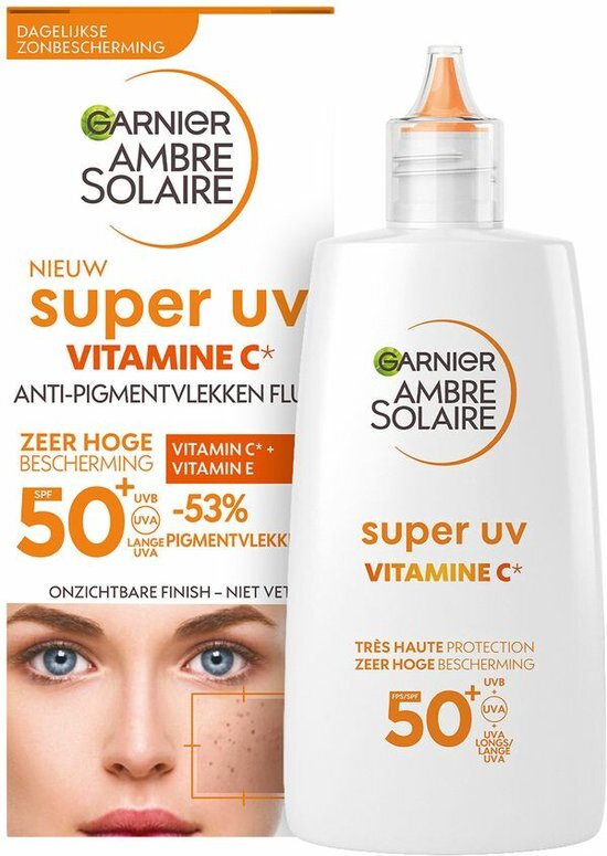 Garnier Ambre Solaire Super UV Vitamine C* Anti-Pigmentvlekken Fluid SPF50+ - vermindert pigmentvlekken - beschermt tegen UVB-, UVA-en lange UVA-stralen - 40 ML