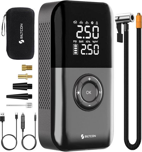 Siltcon Elektrische Fietspomp - Luchtcompressor - 10.8 Bar - 8500 mAh Powerbank - Zwart