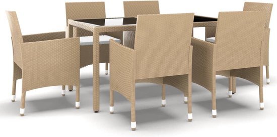 vidaXL 7-delige Tuinset poly rattan en gehard glas beige