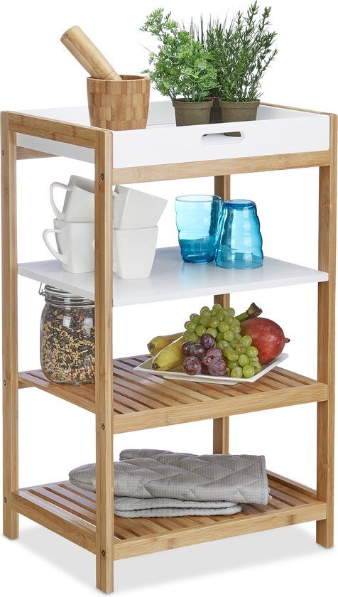Relaxdays Keukenrek - Bamboe - 4 Etages - Met Afneembaar Dienblad - Wit/Lichtbruin