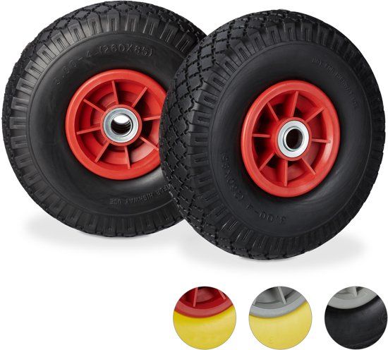 Relaxdays Steekwagenwiel 2 stuks - 3.00-4 - Rubberband - Glijlagers - 150 kg - 20 mm As Zwart-Rood
