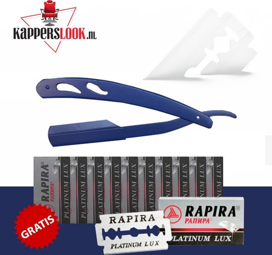 Kapperslook Klassiek Barbiersmes Razor RVS + 10 Rapira Platinum Lux Scheermessen - Blauw