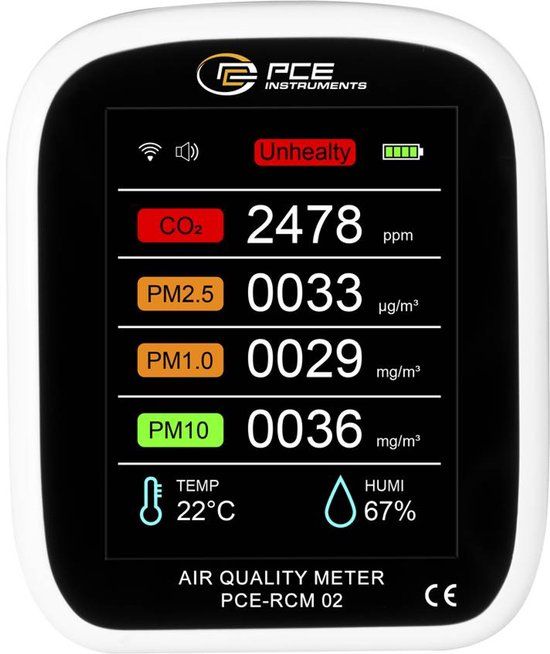 PCE Instruments PCE-RCM 02 Fijnstofmeter Luchtvochtigheid, Temperatuur, Fijnstof, Luchtdeeltjes Met temperatuurmeting