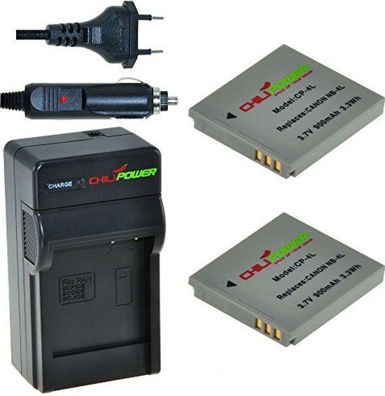ChiliPower 2 x NB-4L accu's voor Canon - inclusief oplader en autolader
