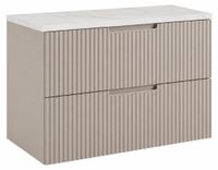 3xE living Meuble de salle de bain Suspendu sous lavabo 80 cm, 2 tiroirs, Cachemire + Plan de travail Marbre Bianco