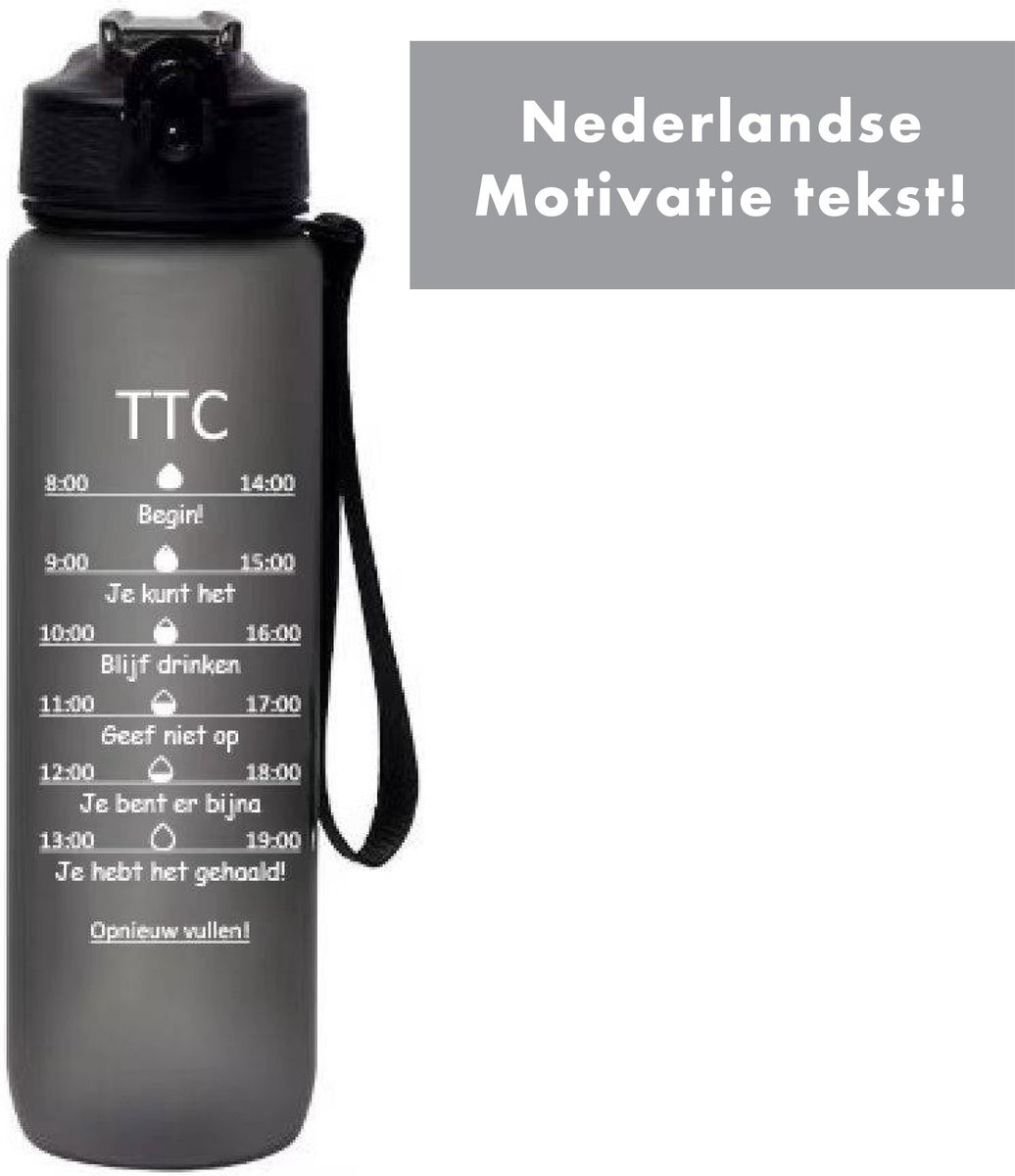 TTC - Nederlandse Motivatie Waterfles rosé goud 'Nederlandse Tekst' - Drinkfles met rietje - Waterfles 1 liter - Waterfles met tijdmarkering - drinkfles volwassenen