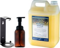 Claudius Cosmetics Benelux B.V. Zeepdispenser 300 ml amber bruin hervulbaar + 5 liter Shampoo Kamille navulling (inclusief beugel)