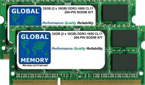 GLOBAL MEMORY 32 GB (2 x 16 GB) DDR3L 1600 MHz PC3L-12800 204-PIN SODIMM Memory Ram Kit voor Laptops/Notebooks