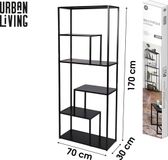 Urban Living MADISON Boekenkast met 6 Niveaus Zwarte Metalen Structuur 70 x 30 x H170 cm