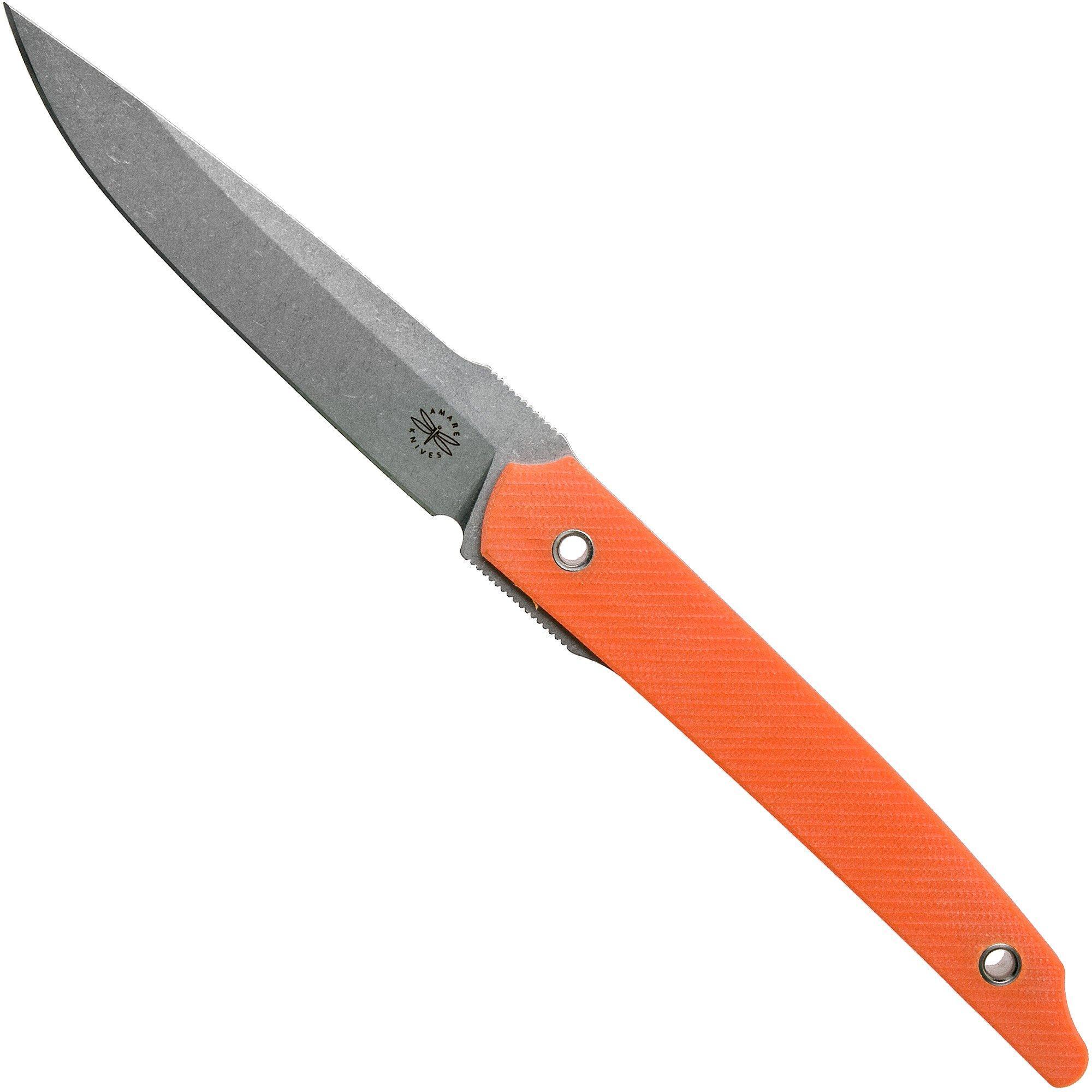 Amare Knives Amare Knives Pocket Peak Fixed, stonewash orange G10, vaststaand mes