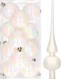 Decoris Kaemingk B.V. 12x Parelmoer witte kunststof kerstballen met glazen piek mat - Kerstversiering