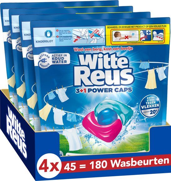Witte Reus 3+1 Power Caps - Voordeelverpakking - 4 x 45 wasbeurten - 180 wasbeurten - Wasmiddelcapsules