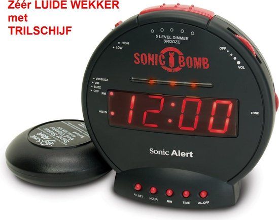 Geemarc Sonic Bomb - Zwarte Wekker - 14 cm - Digitaal Display - Netstroom