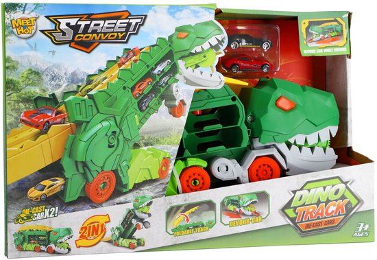 Ottosimon KiddyGo transporter dino speelgoed met 2 diecast auto's en racebaan