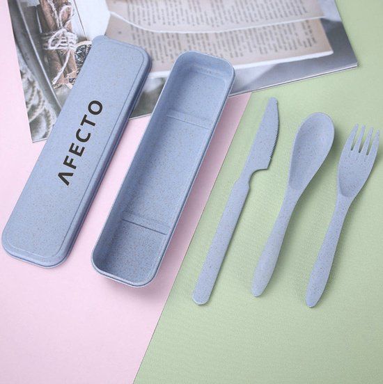 Afecto Bestekset To Go Blauw - 4-Delig - Inclusief Opbergbox en Etui