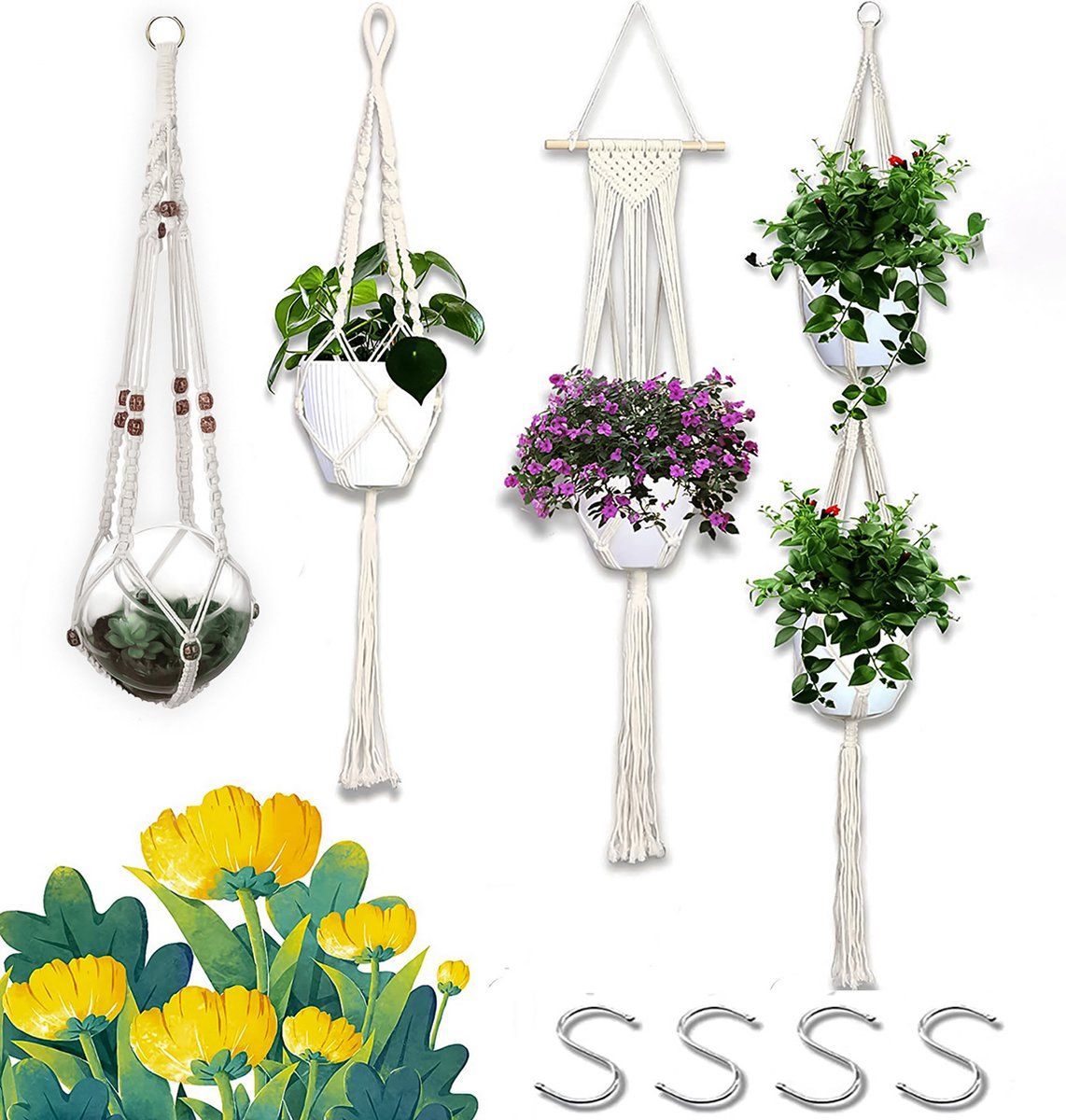 Mycramé 4 Stuks Luxe Macrame Plantenhangers - Boho Handgeweven Katoen Hangpot voor Binnen/Buiten - Hangende Bloempot met Kralen - Macramé Touw/Koord Hangplant Houder - Bohemian Wandhanger Decoratie - Plant Hanger - Verticale Tuin Bloempothouder Planthanger