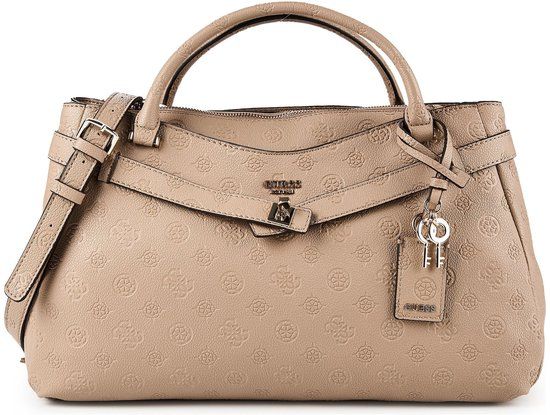 GUESS Ella Logo Girlfriend Satchel Handtas Beige Logo Taupe
