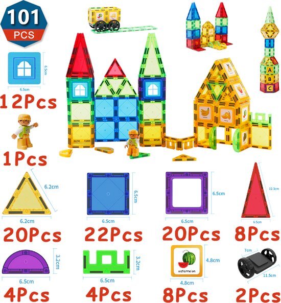 Magnetische Bouwstenen - Magnetic Tiles - Magnetische Bouwblokken - Magnetic Toys - Vanaf 3 jaar - 101 stuks