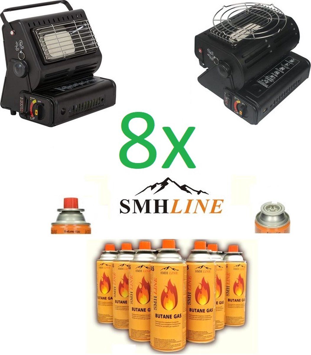 SMH LINE 2-in-1 Draagbare Gaskachel - Straalkachel - Buitenkachel | Camping Heater | Terrasverwarming - INCLUSIEF 8x Gasflessen en Kookrooster