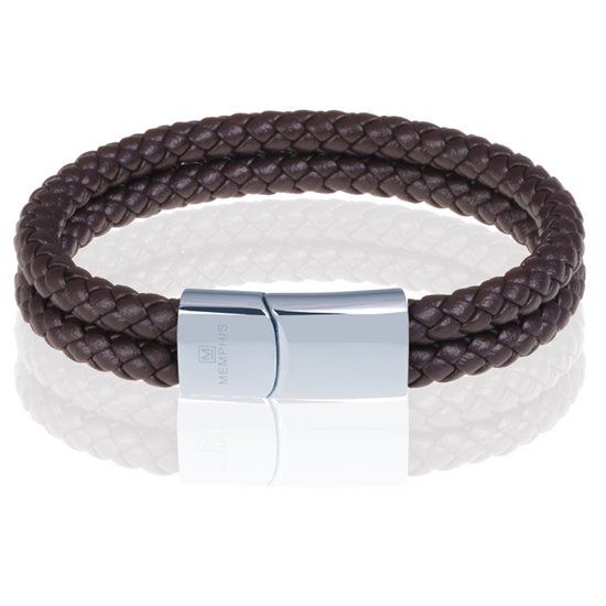 Memphis Dubbele leren armband Bruin Zilverkleurig-24cm
