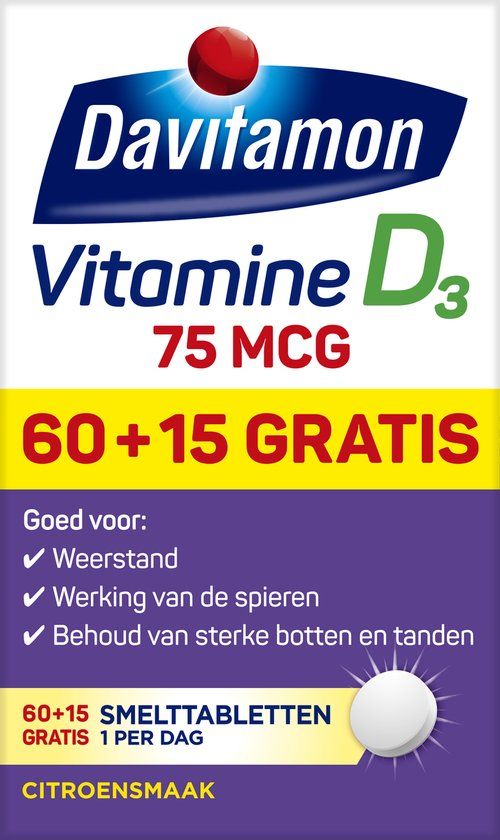 Davitamon Vitamine D3 75 mcg - Hoog Gedoseerd - Vitamine D smelttabletjes - 75 stuks