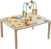 Sunny Maud Table de jeu en bois avec piste de perles – 42 x 30,5 x 33 cm – Avec piste de perles, horloge, engrenages et puzzle – Table de jeu éducative d'intérieur – À partir de 3 ans