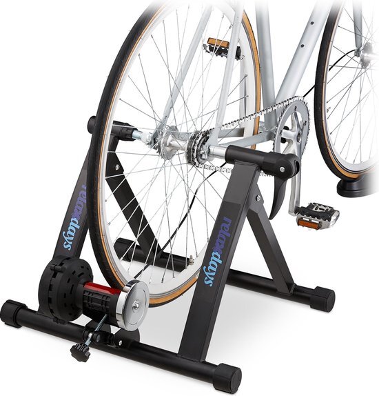 Relaxdays Uniseks wieltrainer voor volwassenen, fietstrainer voor banden van 26-28 inch, tot 150 kg, inklapbaar, binnen, magneetrem, zwart, 1 stuk
