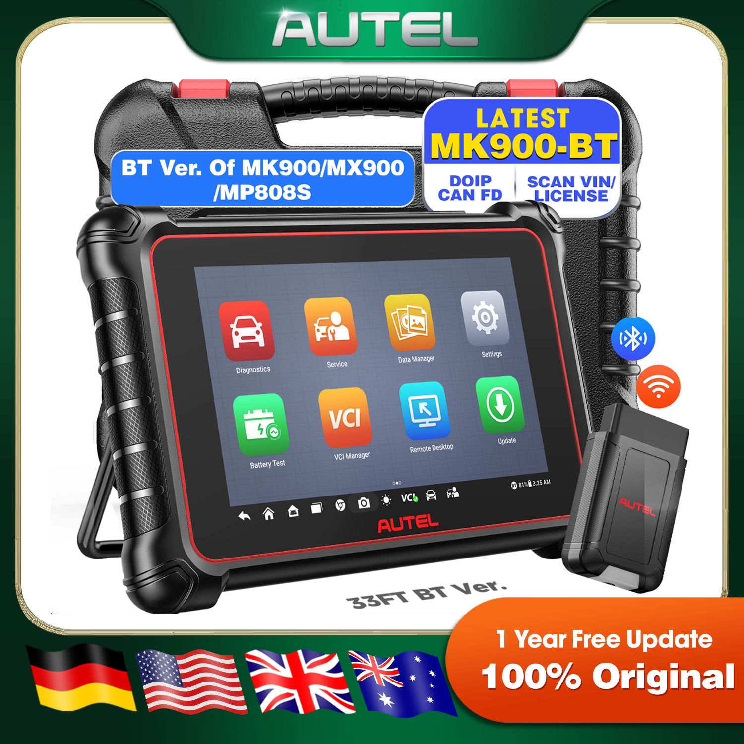 Autel MaxiCOM MK900BT Met Bluetooth Auto Diagnostische Hulpmiddelen OBD2 Scanner 40 + Service Actieve Test CAN-FD & DOIP Upgrade van MK900