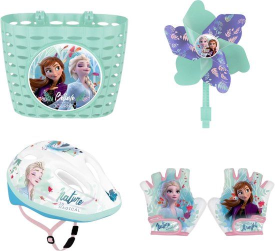 4KidsOnly Frozen Fiets accessoires ; Mand, Helm, Handschoenen en Windmolen