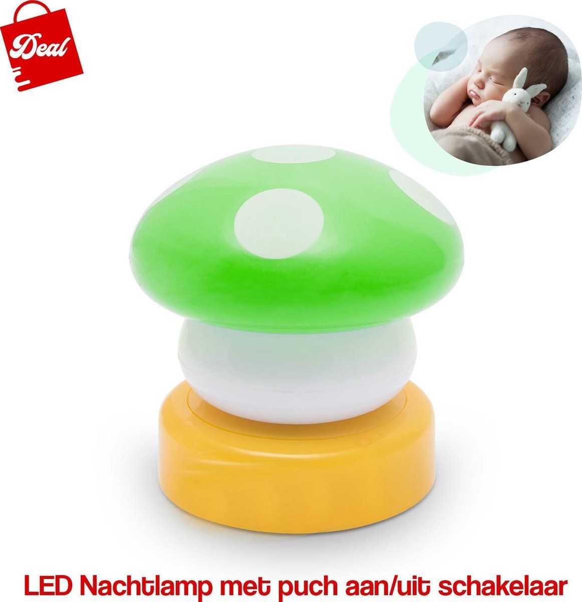 D.E.A.L. LED Nachtlamp Groen Paddenstoeltje - Kunststof - Met Push Aan & Uit Schakelaar