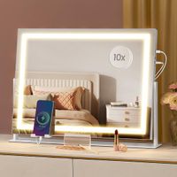 SONGMICS Make-upspiegel met verlichting, 58 x 43 cm, cosmeticaspiegel met 15 ledlampen, met oplaadpoorten, touch-bediening, 3 lichtkleuren, dimbaar, telefoonhouder, mat wit LWM002W02