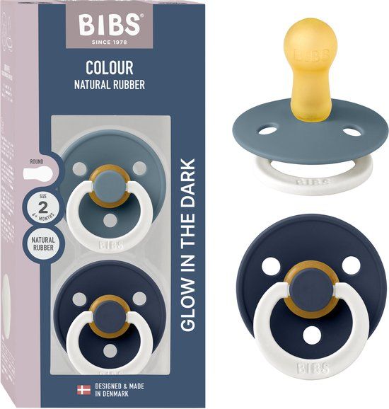 BIBS Colour Glow Speen verpakking van 2 stuks. BPA-vrij, Ronde speen. Natuurlijk rubberlatex, Gemaakt in Denemarken, Maat 2 (6-18 maanden), Petrol Glow / Deep Space Glow