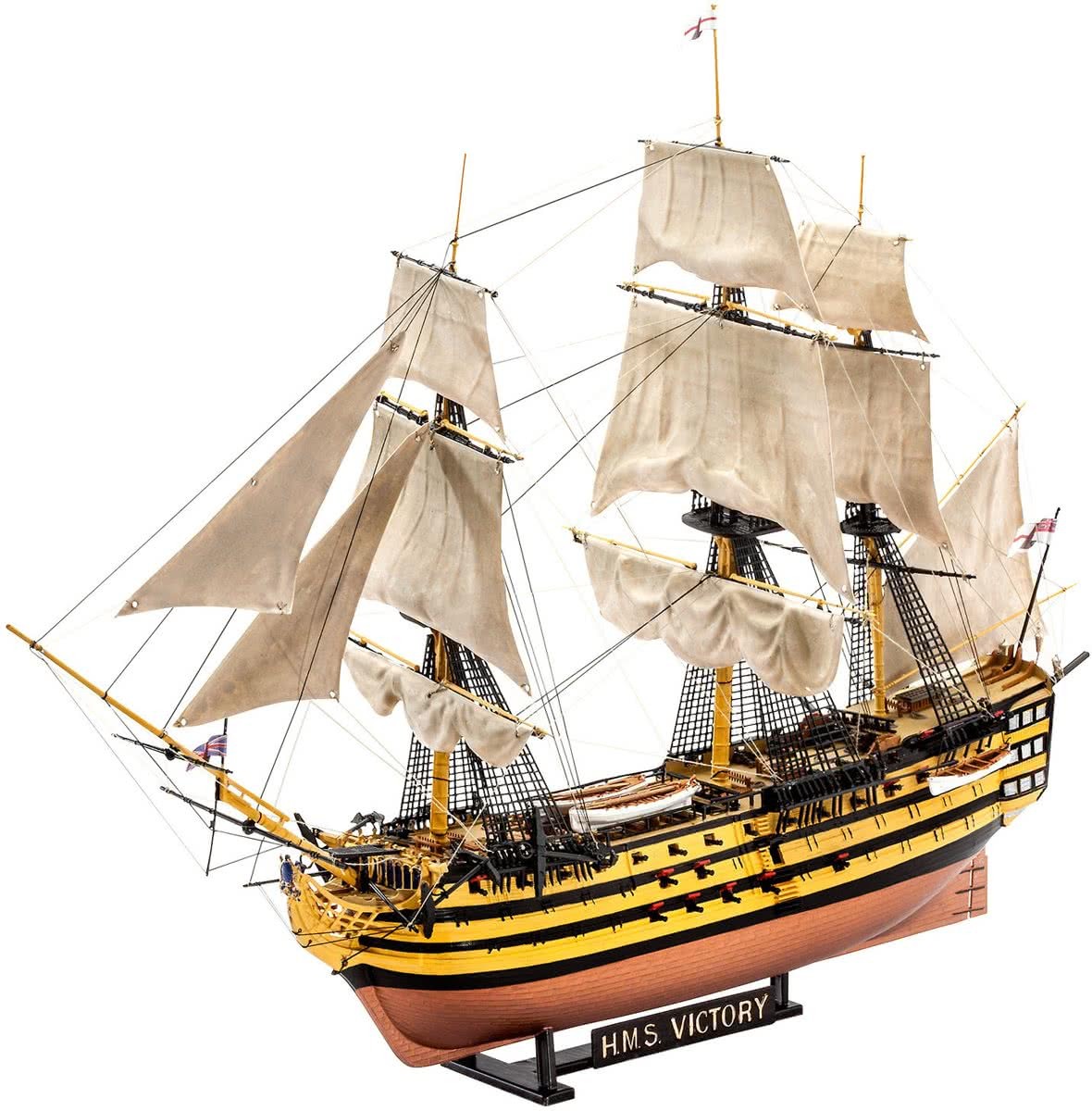 Revell Modellbausatz Schiff 1:225, Geschenkset BATTLE OF TRAFALGAR im Maßstab 1:225, Level 4, originalgetreue Nachbildung mit vielen Details, Segelschiff HMS Victory, mit Basis-Zubehör und Poster, 05767