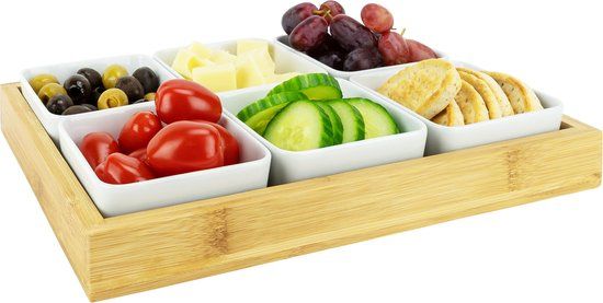 Krumble Borrelplank met 6 schaaltjes - Hout en Keramiek - Wit en Bruin
