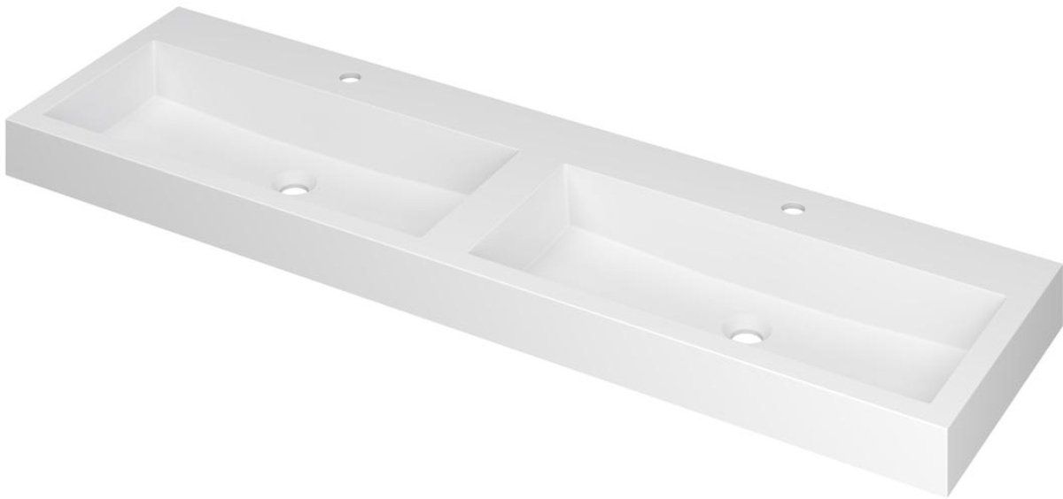 Wastafel INK Momento Wastafel Polystone Dubbel met 2 Kraangaten - 1600x450x90 mm - Mat Wit