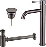 Fortifura Calvi Wastafelkraanset - verhoogde wastafelkraan - always open plug - verlaagde design sifon - PVD - geborsteld gunmetal (antraciet)