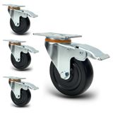 Zwenkwielset met rem, stil, slijtvaste PU-wielen, hoge belastbaarheid, corrosiebescherming, 360° draaibaar, ideaal voor winkelwagen, rekken, werkbanken, uitrusting, 100 mm, 4 stuks