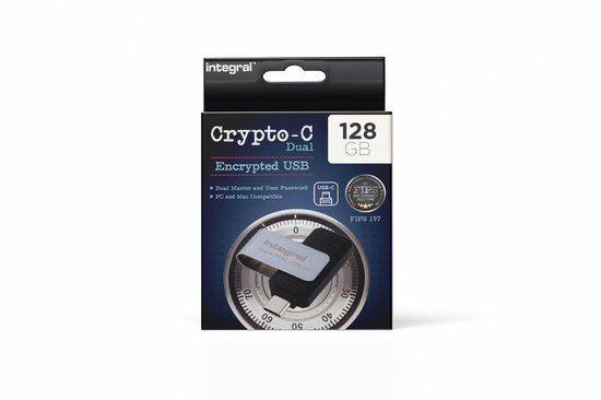 Integral 128 GB crypto-C dubbel gecodeerde USB-flashgeheugen, AES-XTS 256-bits hardware-gecodeerde USB 3.2 met veilig dubbel wachtwoord - gecertificeerd voor FIPS 197, compatibel met Mac, MacBook, PC,
