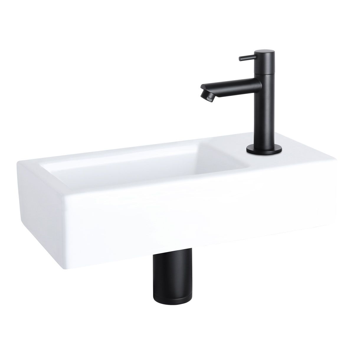 Differnz Fonteinset Ravo Rechthoek 38.5x18.5x9 Keramiek Wit Rechte Toiletkraan Clickwaste Sifon Mat Zwart