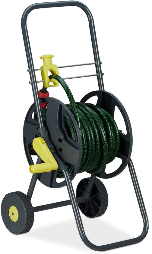 Relaxdays slangenwagen 45 meter - tuinslangwagen - verrijdbaar - met zwengel - grijs-geel