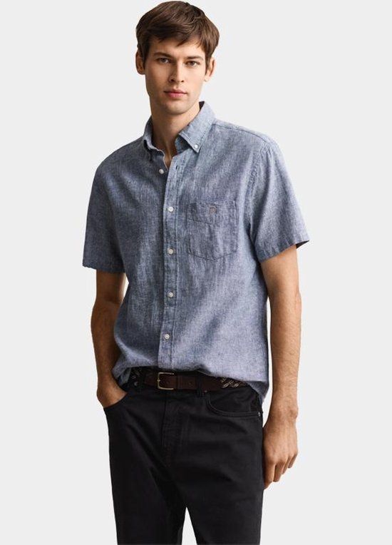 Gant Overhemd Korte Mouw Heren Blauw Linnen Katoen Regular Fit