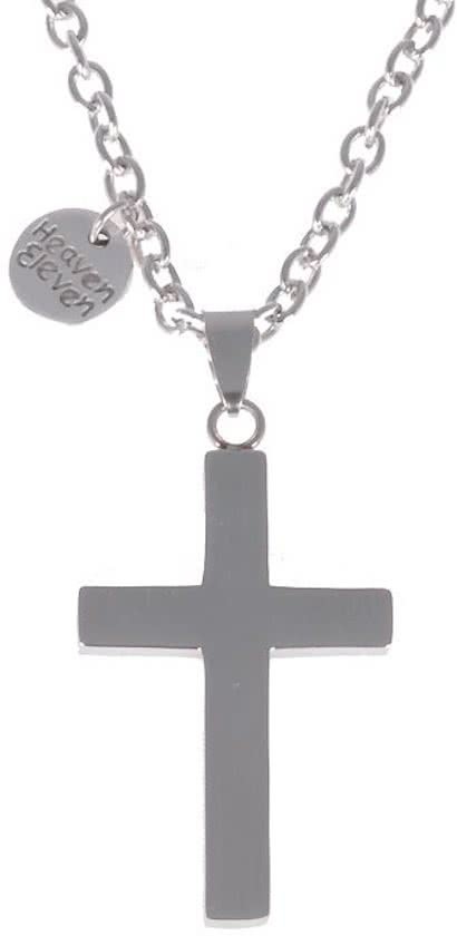 Heaven Eleven - heren ketting - Edelstaal Zilverkleurig Kruis RVS - 74cm - MN103